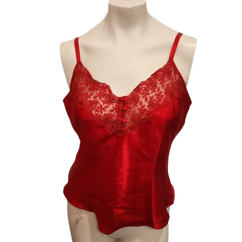 Cacique Red Satin Lace‎ Camisole Womens L Lingerie Sexy Adjustable Straps